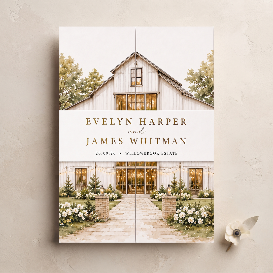 Personalized Rustic Barn Wedding Invitations, Watercolor Venue Illustration, Elegant Wedding Invitation Suite, Custom RSVP & Details Card