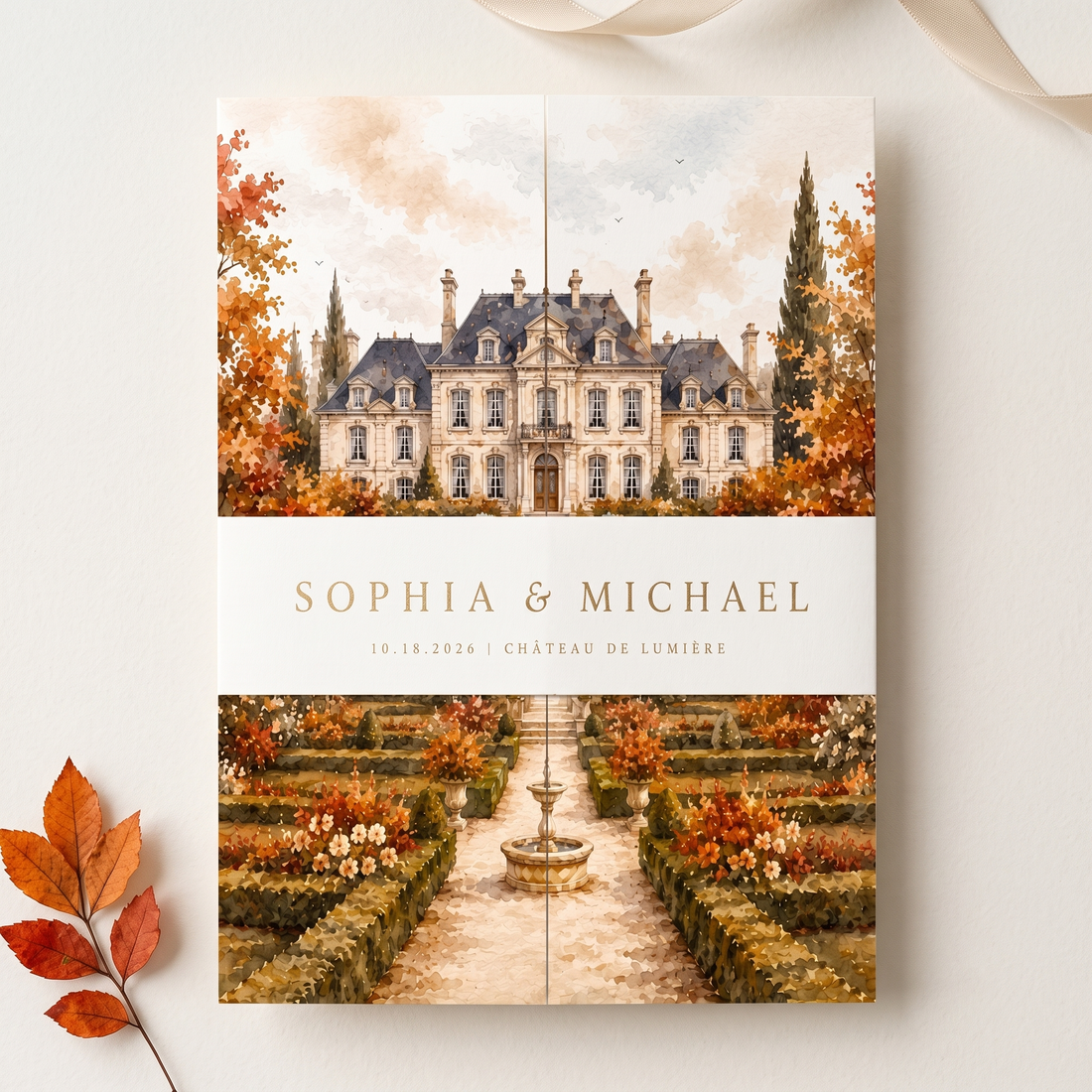 Personalized Autumn Chateau Wedding Invitations, Fall Floral Wedding Invitation Suite, Custom Venue Illustration, RSVP QR Code