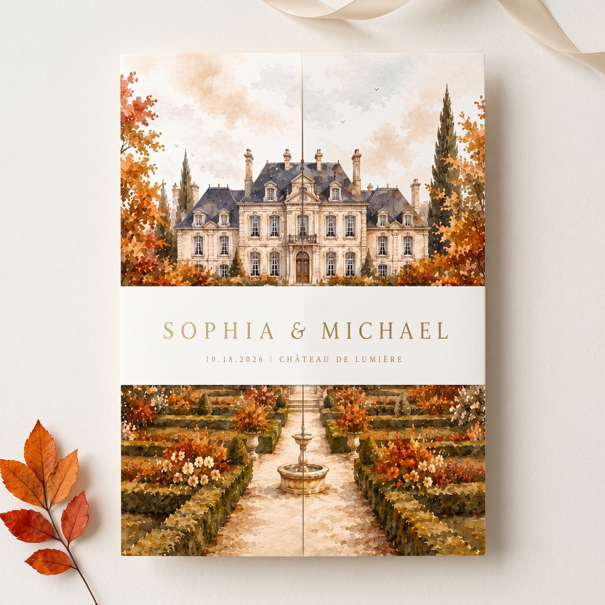 Personalized Autumn Chateau Wedding Invitations, Fall Floral Wedding Invitation Suite, Custom Venue Illustration, RSVP QR Code