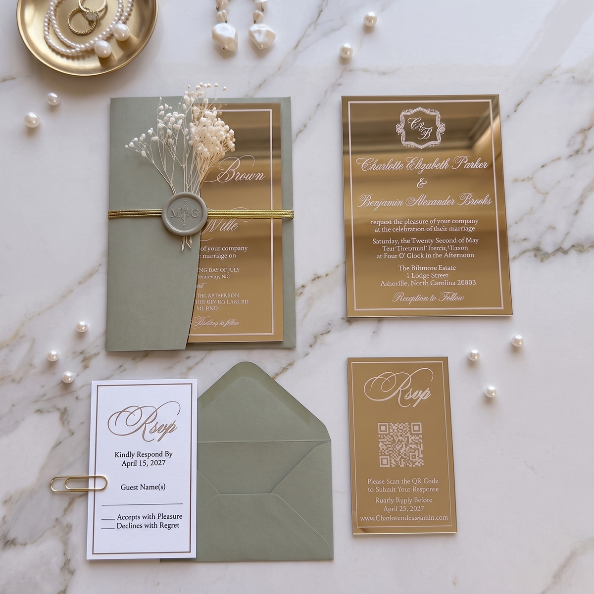 Luxury Gold Mirror Acrylic Wedding Invitations Suite, Sage Green Wedding Invites, Personalized RSVP & Details Cards, Quinceanera Invitation Set