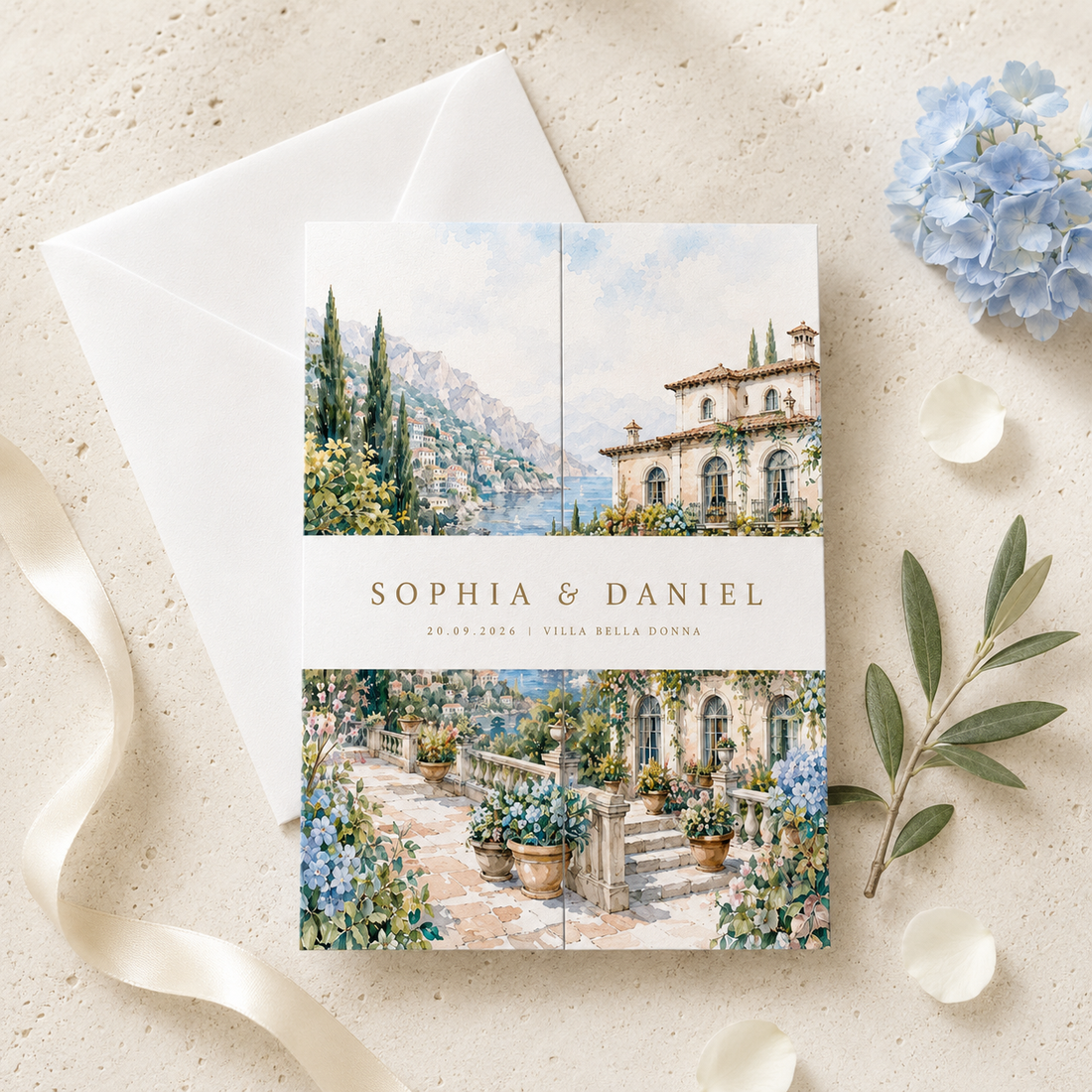 Watercolor Italian Wedding Invitations, Personalized Venue, Luxury Floral Wedding Invitation Suite