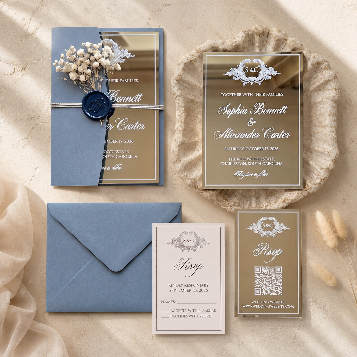 Elegant Silver Mirror Acrylic Wedding Invitation, Personalized Wedding Invite with Dusty Blue Envelope, RSVP QR Card & Details Card