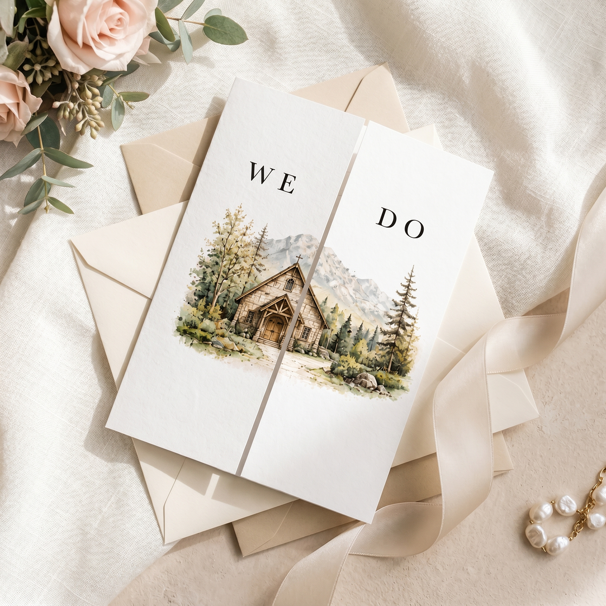 Personalized Wedding Invitation, Custom Venue Watercolor Illustration, Rustic Wedding Invitation Suite