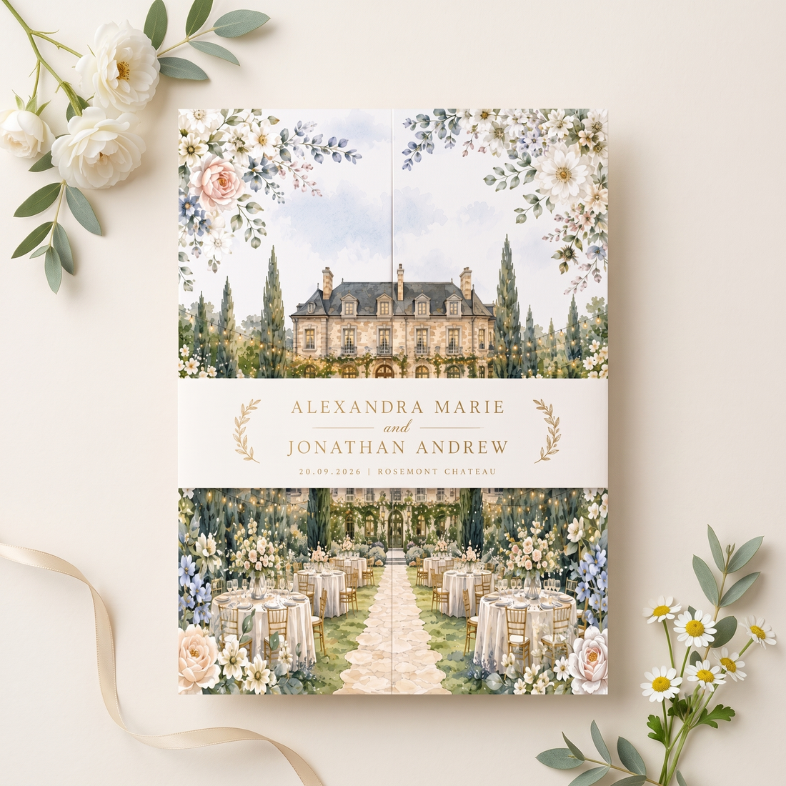 Personalized Chateau Wedding Invitations, Elegant Floral Wedding Invitation Suite, Custom Venue Illustration, RSVP QR Code