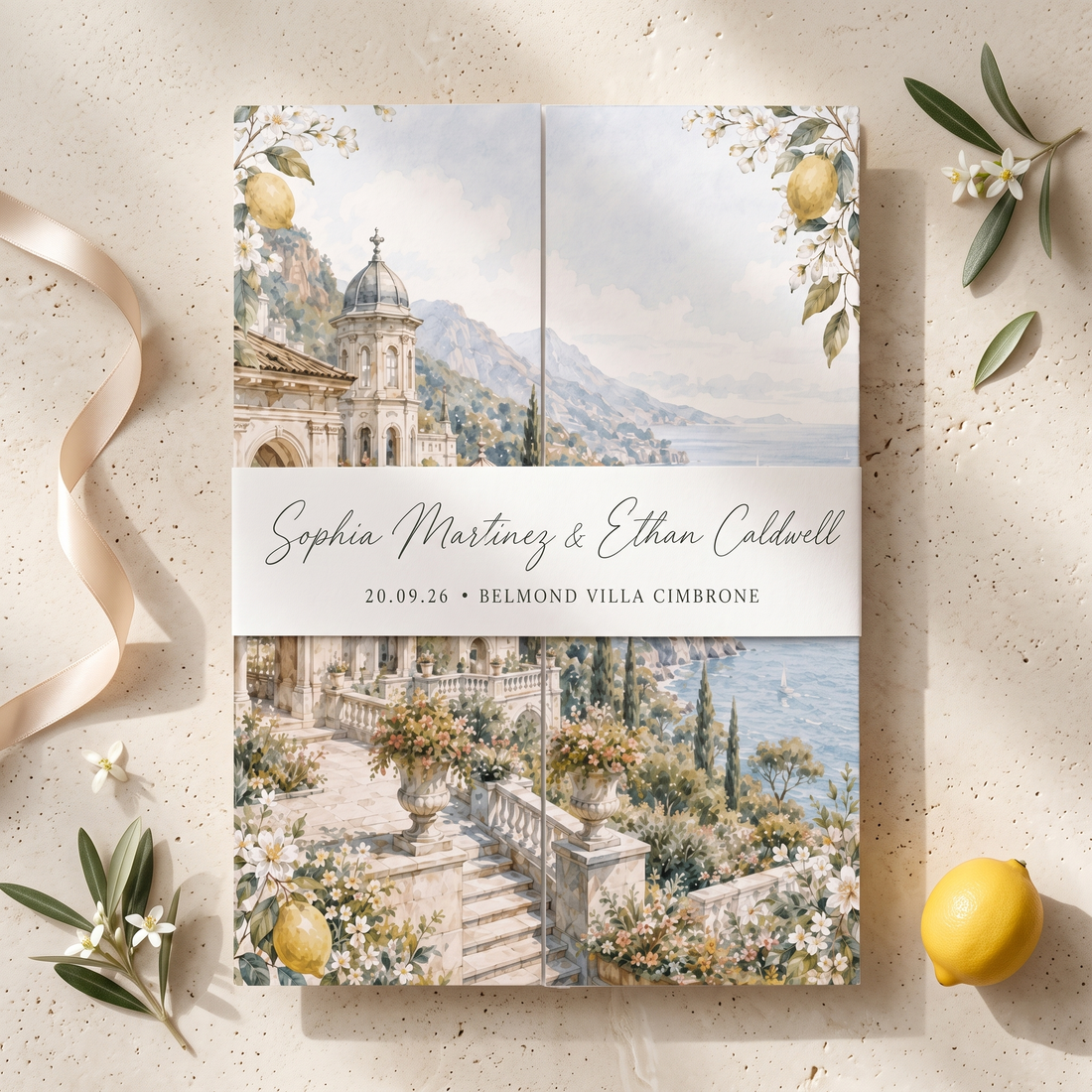 Amalfi Coast Lemon Wedding Invitations, Italian Riviera Destination Wedding Invitation Suite, Watercolor Villa Wedding Invite, Personalized