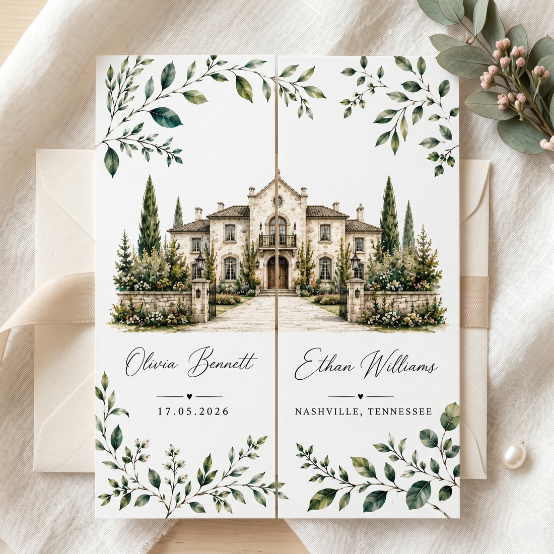 Personalized Wedding Invitation, Watercolor Venue Illustration, Folded Wedding Invitation with RSVP QR Code, Custom Venue Wedding Suite