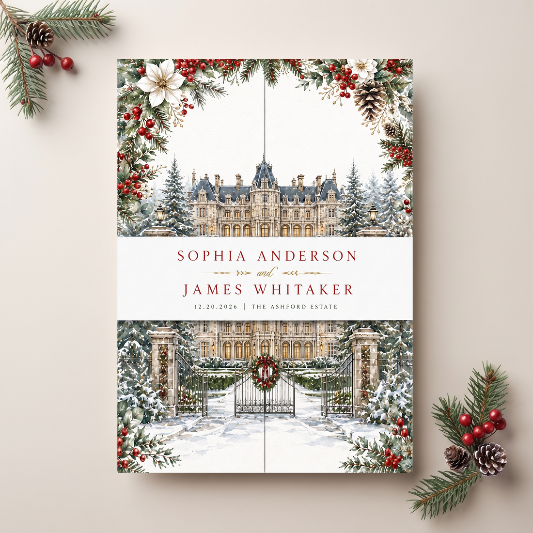 Christmas Wedding Invitation Suite, Winter Wedding Invitations, Snowy Chateau Wedding, Holiday Floral Wedding Invite, Personalized Wedding Stationery