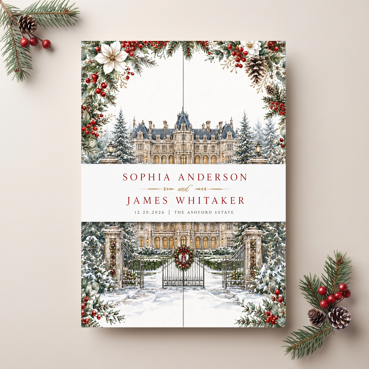 Christmas Wedding Invitation Suite, Winter Wedding Invitations, Snowy Chateau Wedding, Holiday Floral Wedding Invite, Personalized Wedding Stationery