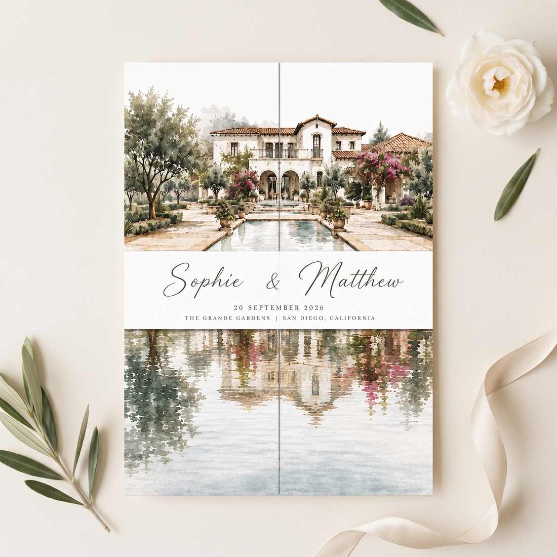Custom Garden Wedding Invitations, Watercolor Venue Illustration, Floral Wedding Invitation Suite, Personalized Luxury Wedding Stationery