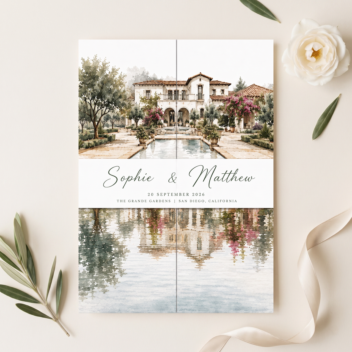 Custom Garden Wedding Invitations, Watercolor Venue Illustration, Floral Wedding Invitation Suite, Personalized Luxury Wedding Stationery