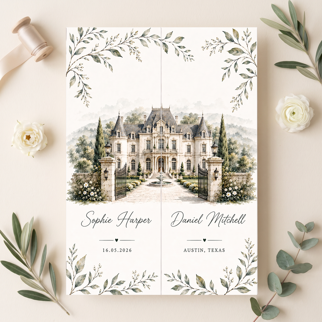 Custom Watercolor Wedding Invitation Suite, Personalized Estate Venue Wedding Invitations, Luxury Garden Wedding Stationery