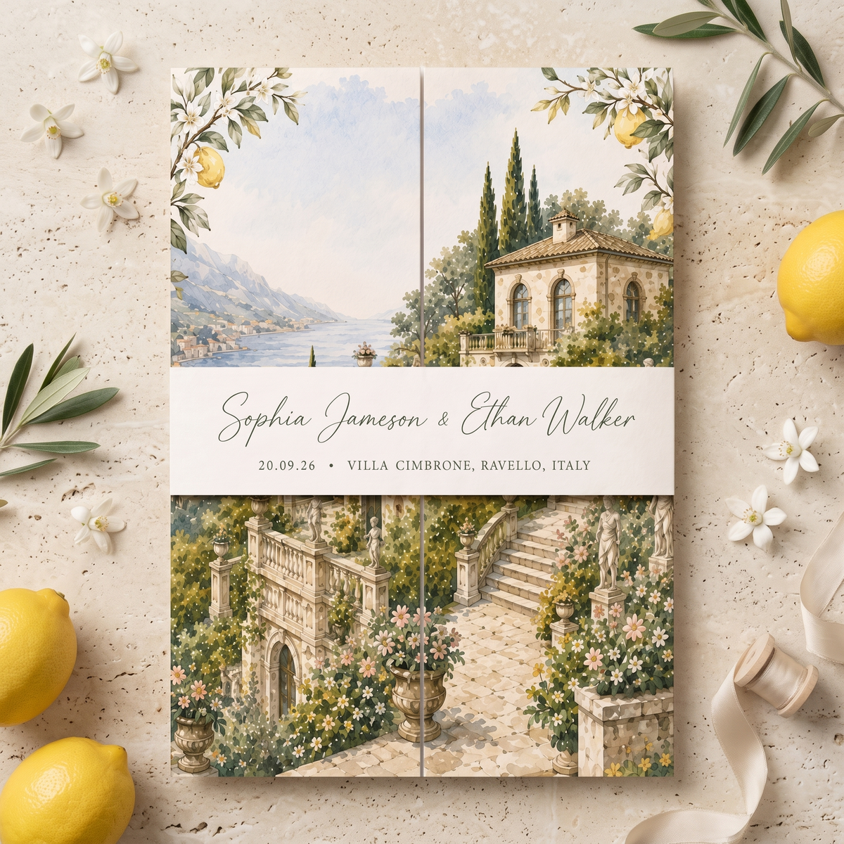 Custom Italian Wedding Invitations, Amalfi Coast Venue Illustration, Lemon Floral Wedding Invitation Suite, Luxury Personalized Stationery