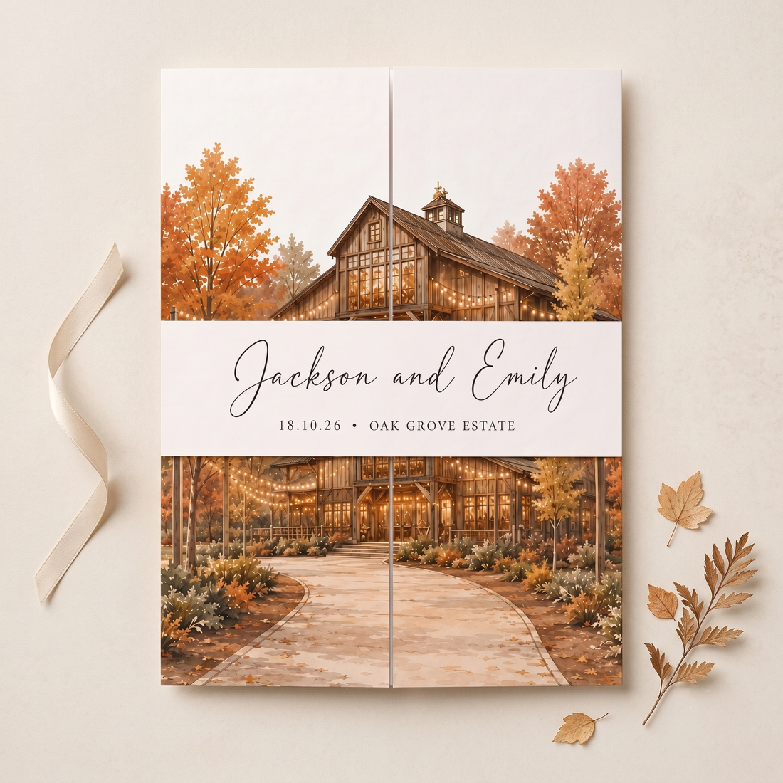 Custom Autumn Wedding Invitations, Watercolor Venue Illustration, Fall Wedding Invitation Suite, Personalized Luxury Wedding Stationery