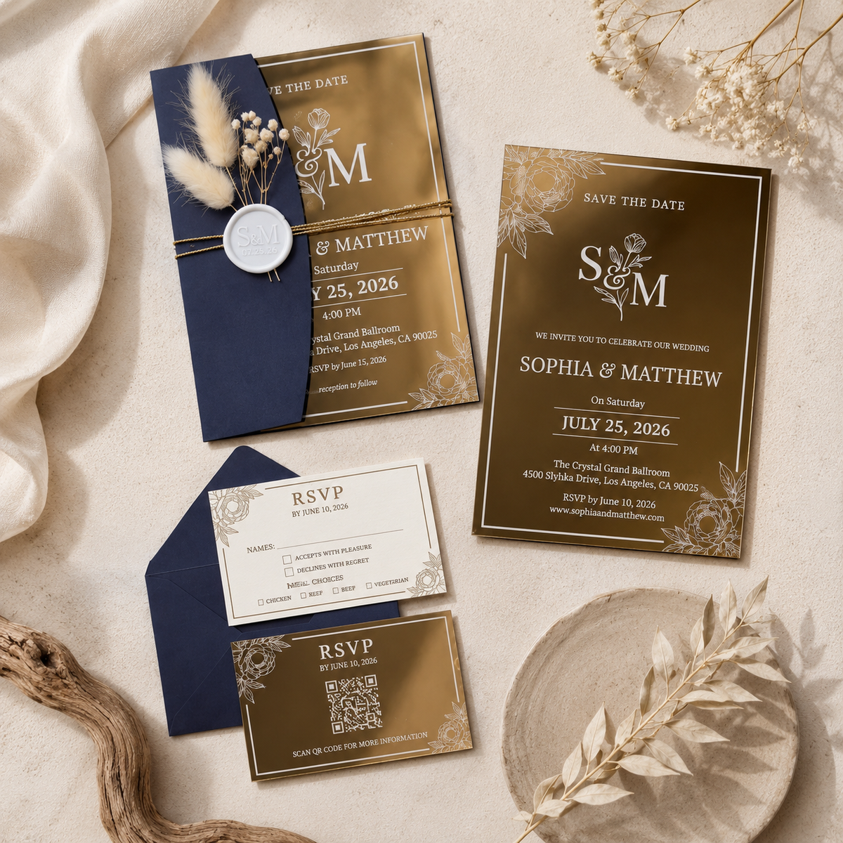 2mm Gold Mirror Acrylic Wedding Invitation Suite, Elegant Personalized Wedding Invite with Navy Blue Envelope, RSVP & QR Code Card