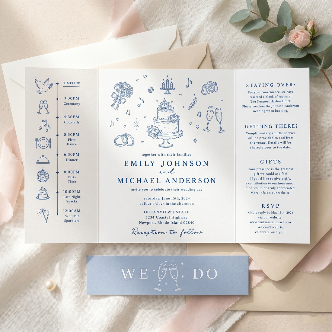 Personalized Blue Wedding Invitation Suite | Elegant Illustrated Wedding Invitations with Custom Details & RSVP