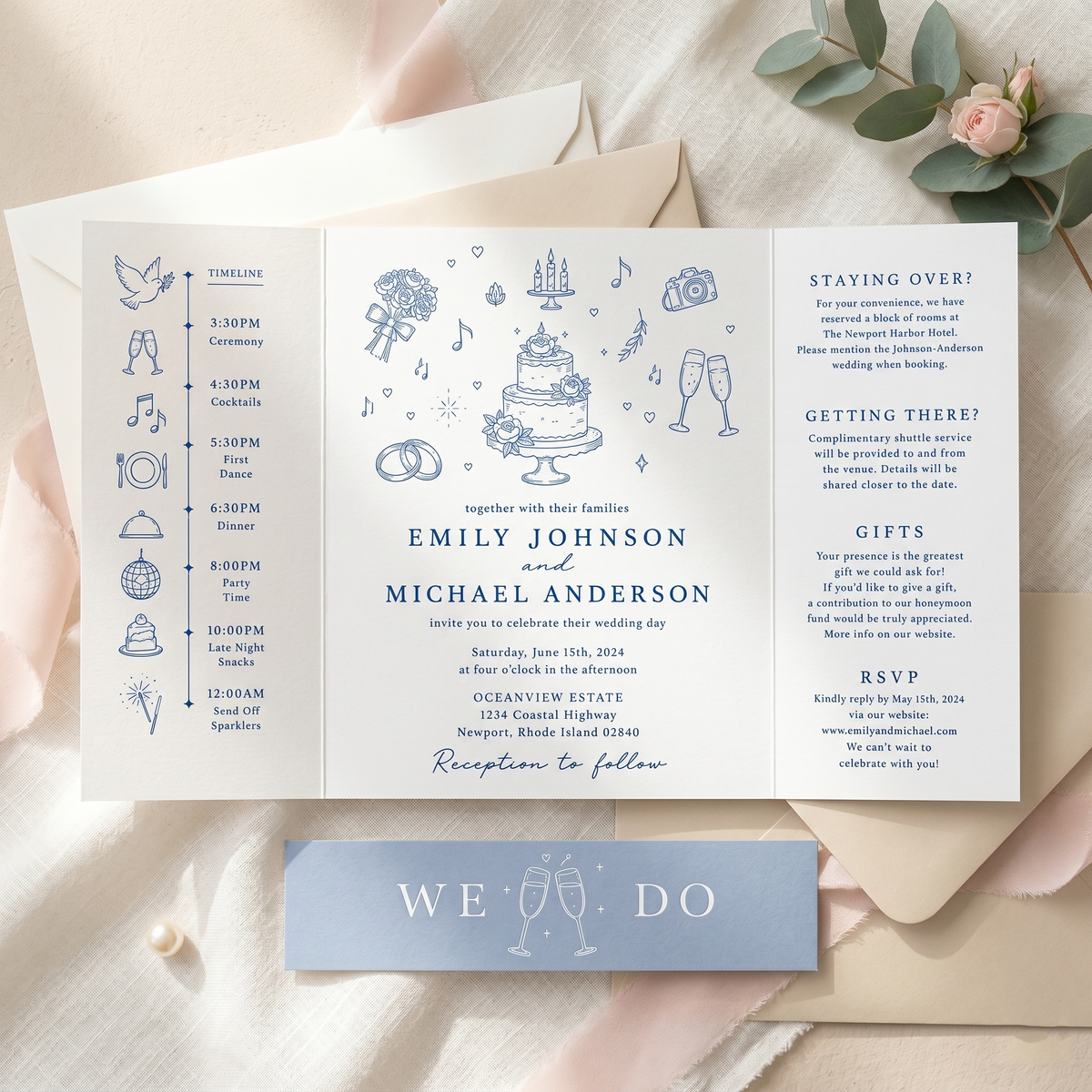 Personalized Blue Wedding Invitation Suite | Elegant Illustrated Wedding Invitations with Custom Details & RSVP