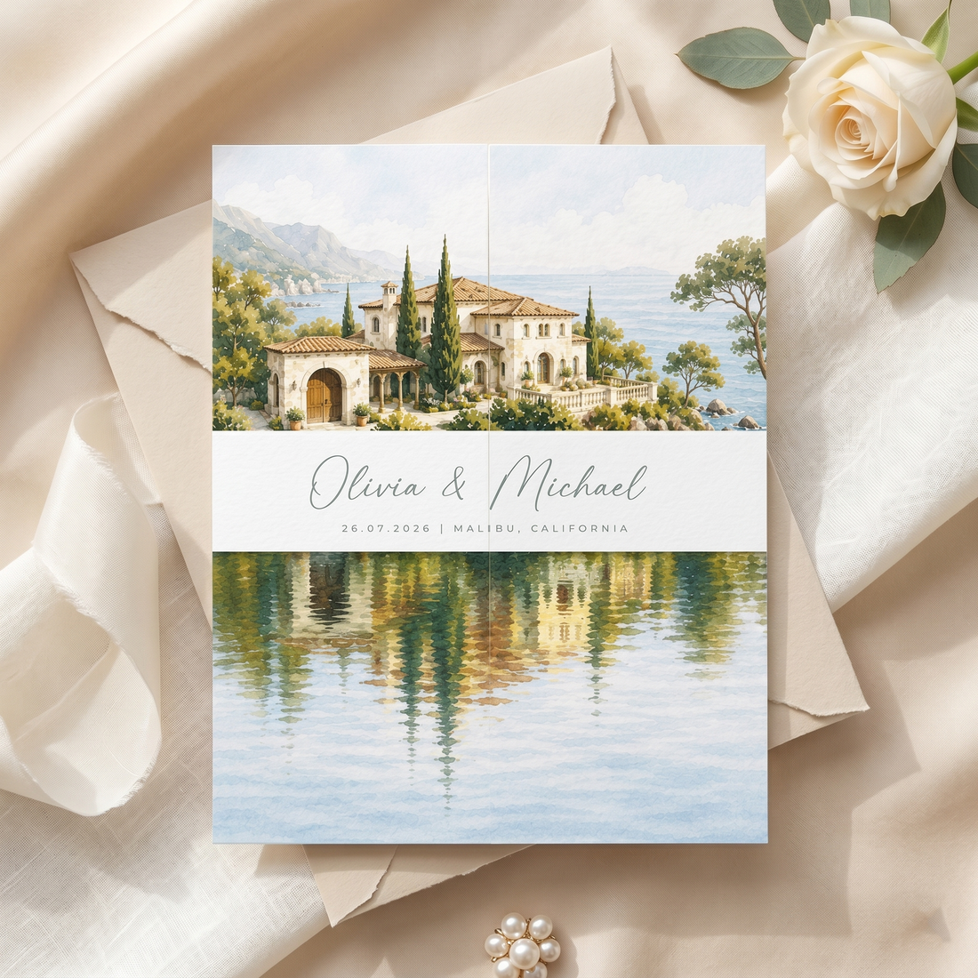 Elegant Personalized Wedding Invitation Suite | Luxury Wedding Stationery with Custom Watercolor Venue Illustration