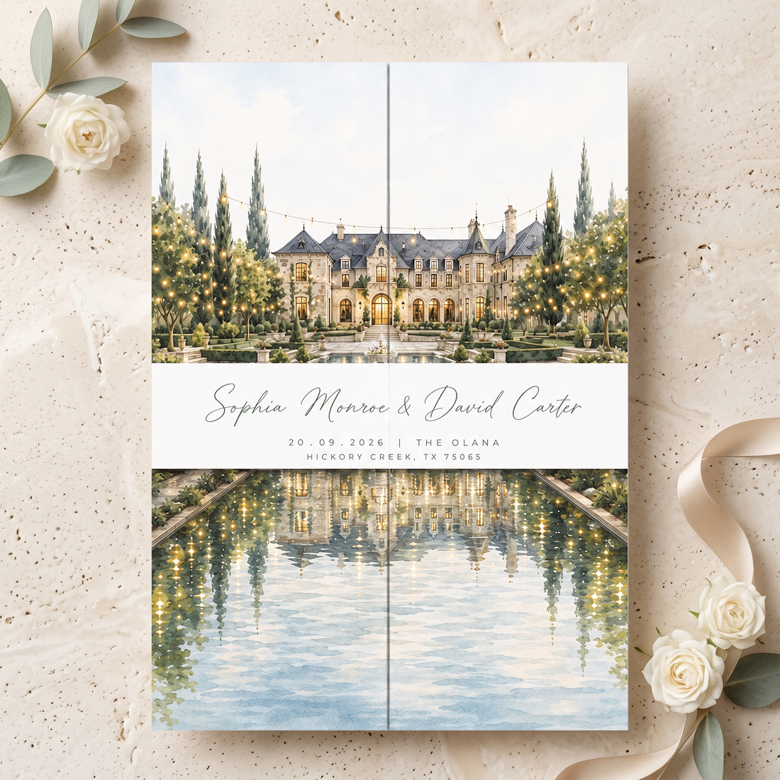 Custom Estate Wedding Invitations, Watercolor Venue Illustration, Elegant Floral Wedding Invitation Suite, Personalized Luxury Stationery