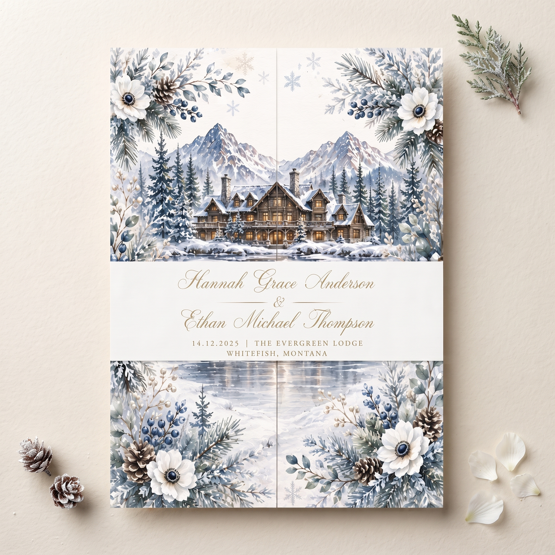 Winter Wedding Invitation Suite, Snowy Mountain Lodge Wedding, Christmas Wedding Invitations, Watercolor Pine Floral Invite, Personalized Wedding Stationery