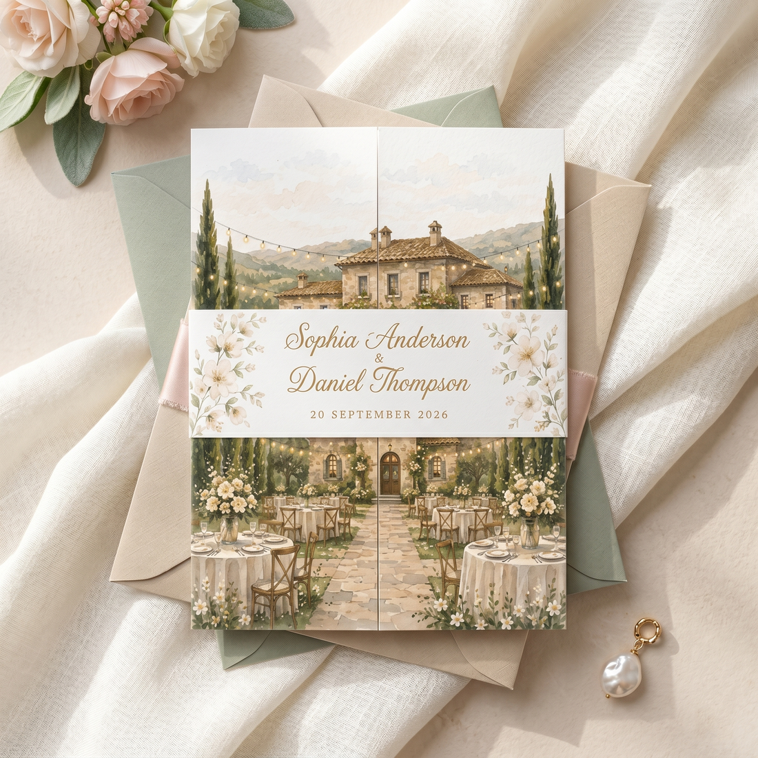 Personalized Wedding Invitation, Custom Watercolor Venue Illustration, Floral Wedding Invitation Suite