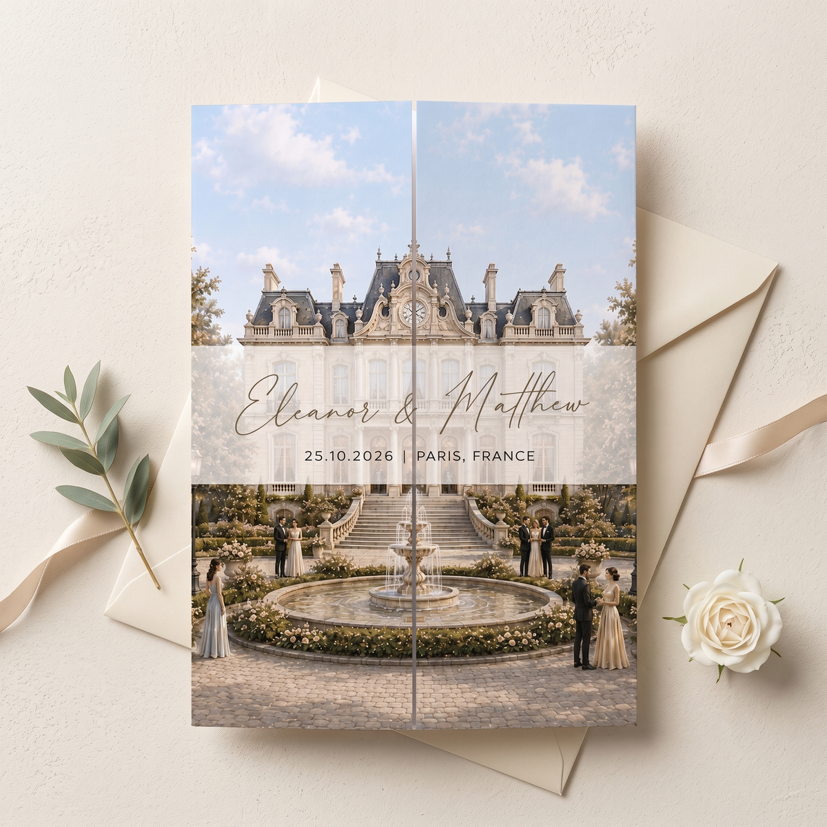 Personalized Château Wedding Invitation Suite, French Estate Wedding Invitations, Custom Venue Illustration, RSVP & QR Code