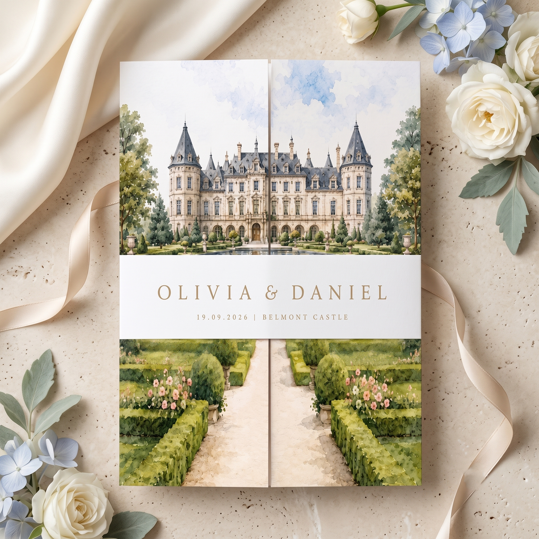 Personalized Castle Wedding Invitation Suite, Luxury Floral Wedding Invitations, Custom Venue Illustration, RSVP & QR Code