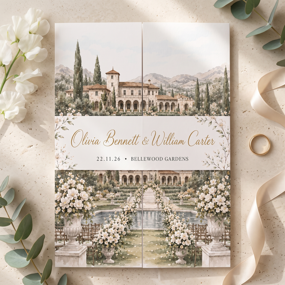 Custom Garden Wedding Invitations, Watercolor Venue Illustration, Elegant Floral Wedding Invitation Suite, Personalized Luxury Stationery