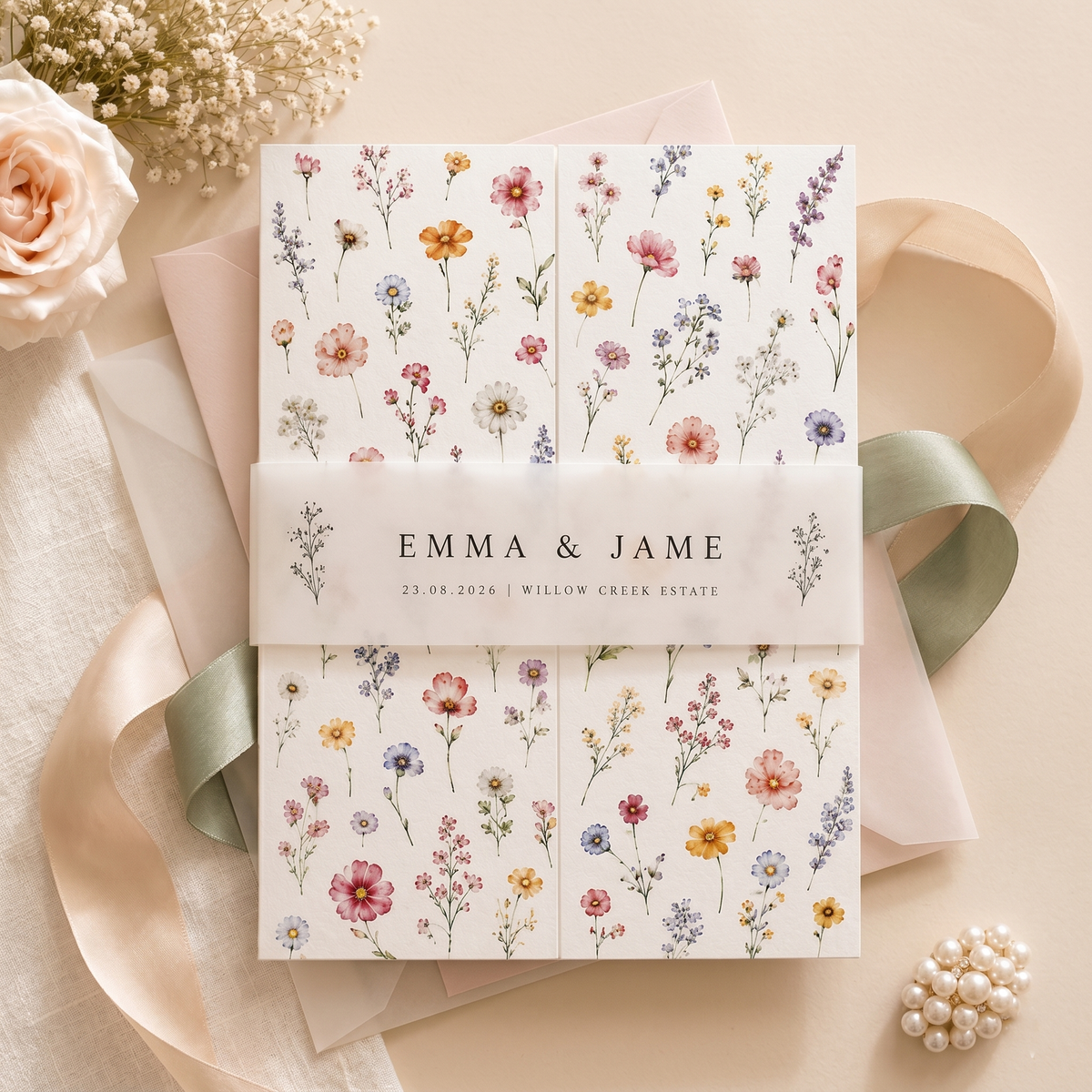 Wildflower Wedding Invitation Suite | Elegant Botanical Wedding Invitations with Custom RSVP & QR Code