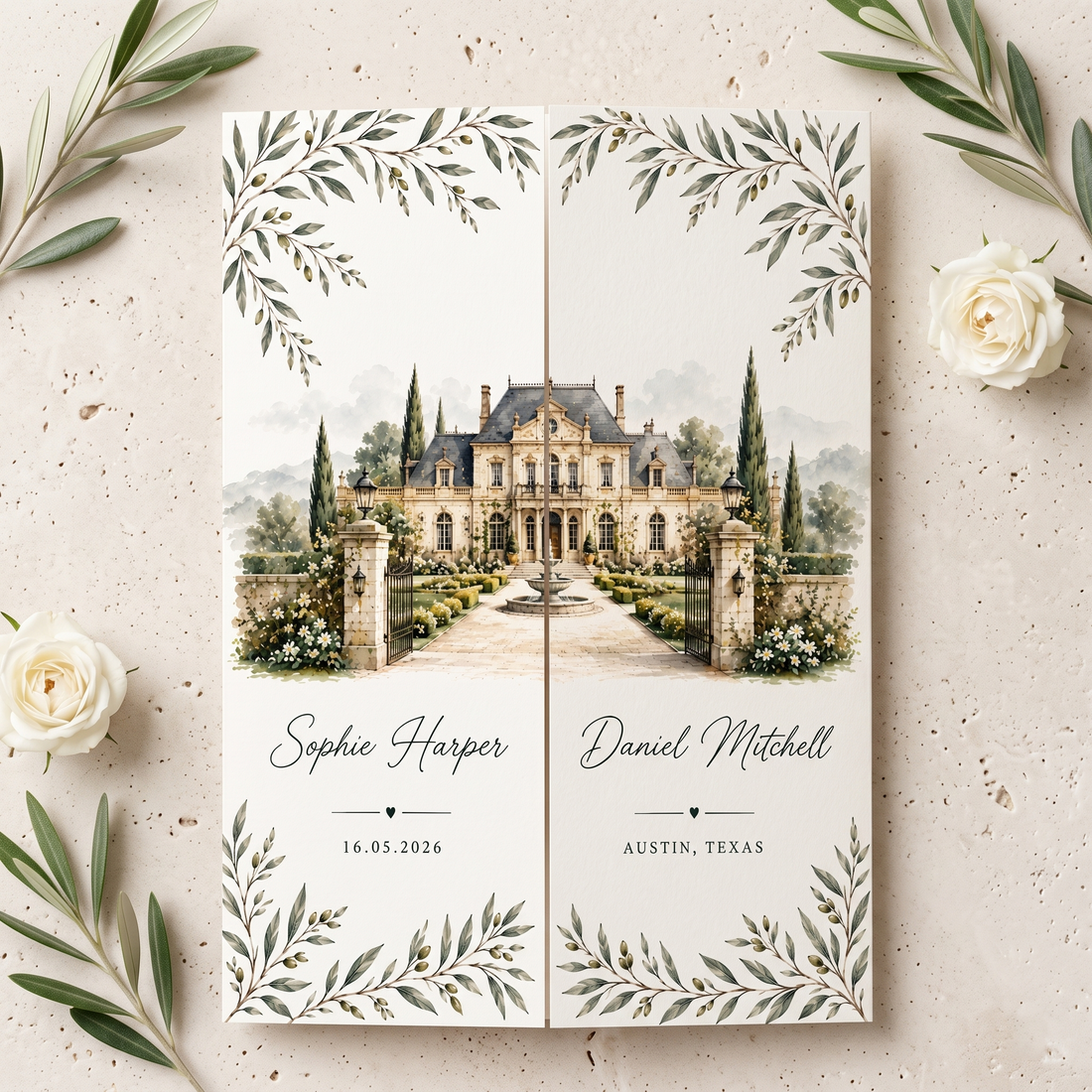 Custom Watercolor Wedding Invitations, Personalized Estate Venue Wedding Suite, Luxury Botanical Garden Wedding Stationery