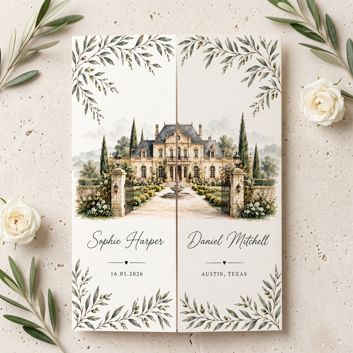 Custom Watercolor Wedding Invitations, Personalized Estate Venue Wedding Suite, Luxury Botanical Garden Wedding Stationery