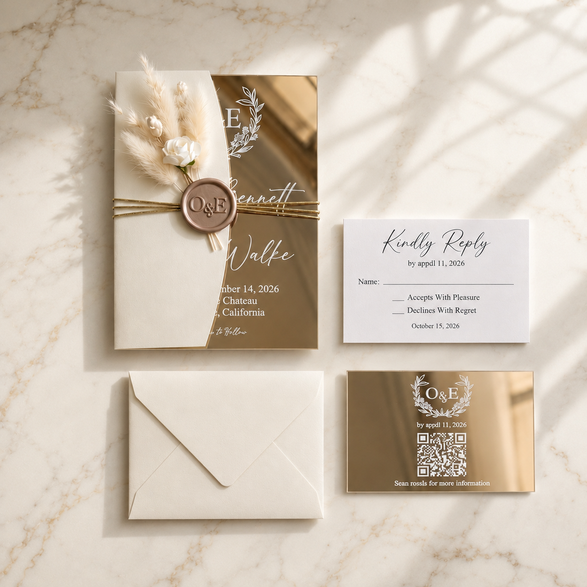 Luxury Gold Mirror Acrylic Wedding Invitation, Personalized Wedding Invite Suite with QR RSVP Card, Details Card & Envelope