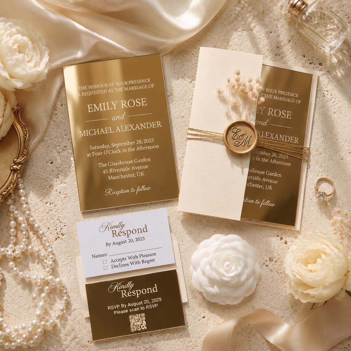 Gold Mirror Acrylic Wedding Invitation Suite, Personalized Wedding Invitations with RSVP QR Code, Luxury Gold Wedding Stationery, Details & RSVP Cards