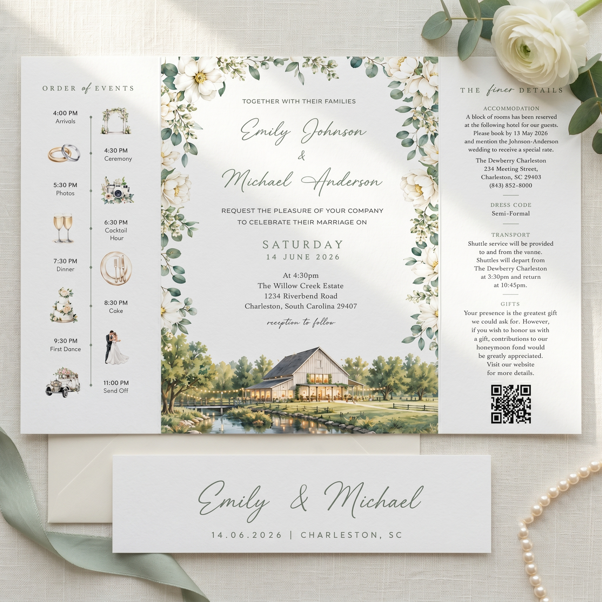 Custom Wedding Invitation Suite with Venue Illustration | Personalized Romantic Wedding Invitations & Details Card