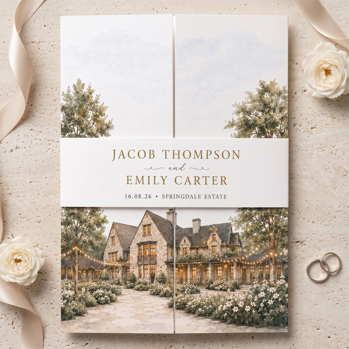 Custom Watercolor Wedding Invitations, Personalized Venue Illustration, Elegant Estate Wedding Invitation Suite, Luxury Wedding Invites