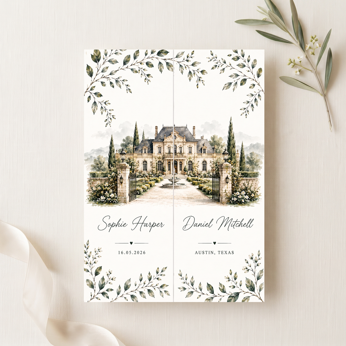 Personalized Estate Wedding Invitation, Custom Venue Watercolor Wedding Suite, Luxury Garden Wedding Invitations