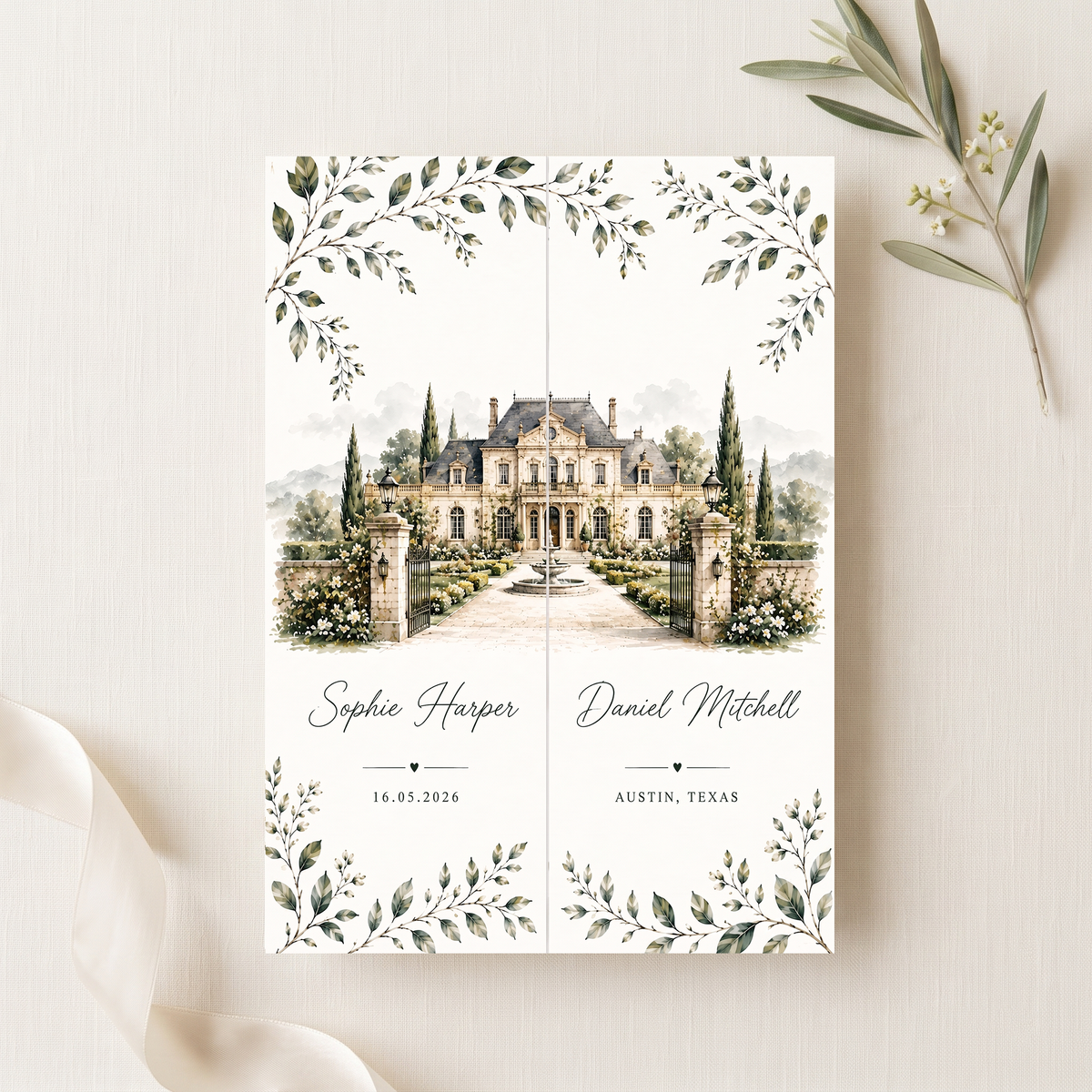 Personalized Estate Wedding Invitation, Custom Venue Watercolor Wedding Suite, Luxury Garden Wedding Invitations