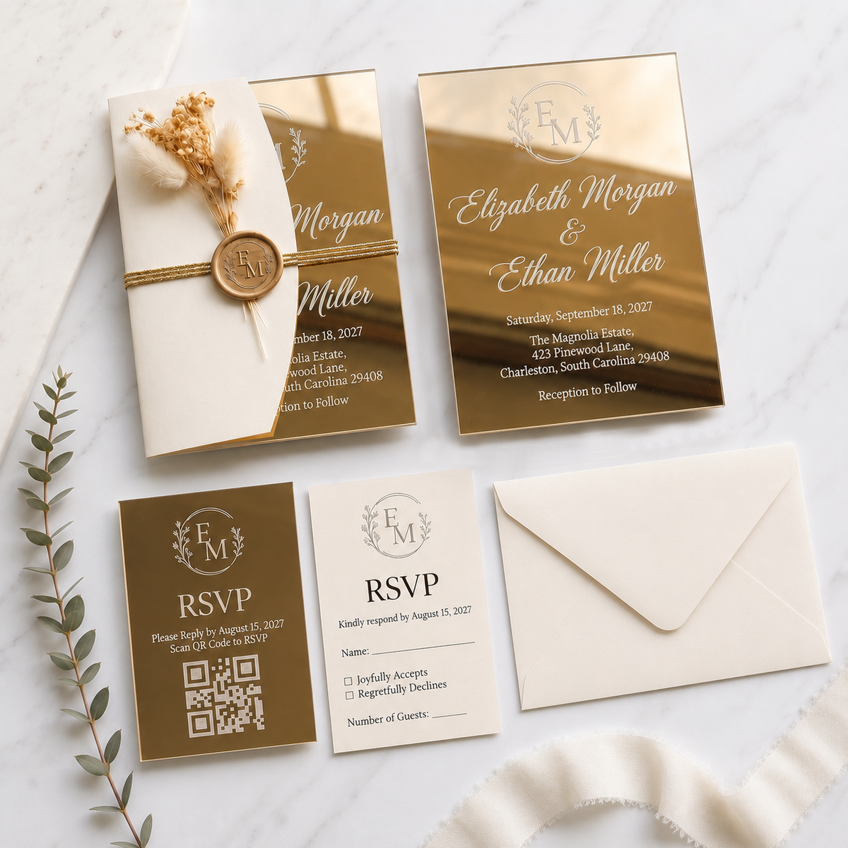 Luxury Gold Mirror Acrylic Wedding Invitation Suite, Personalized Wedding Invite with Cream Envelope, RSVP Card & Details Card