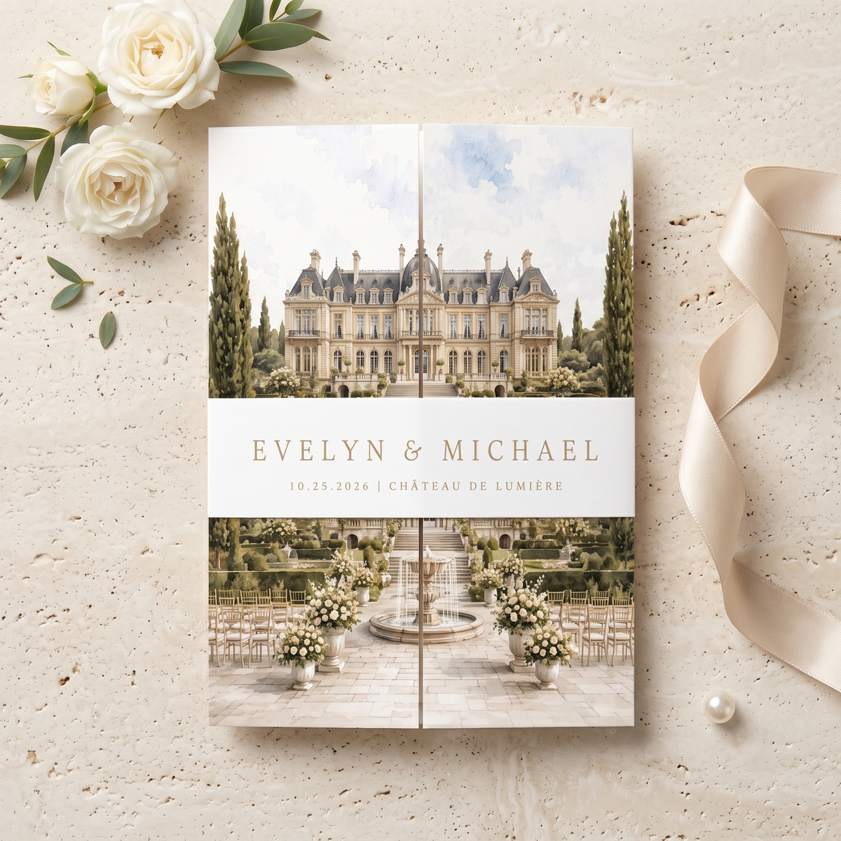 Personalized Château Wedding Invitation Suite | Luxury French Estate Wedding Invitations with Custom Venue Illustration & RSVP