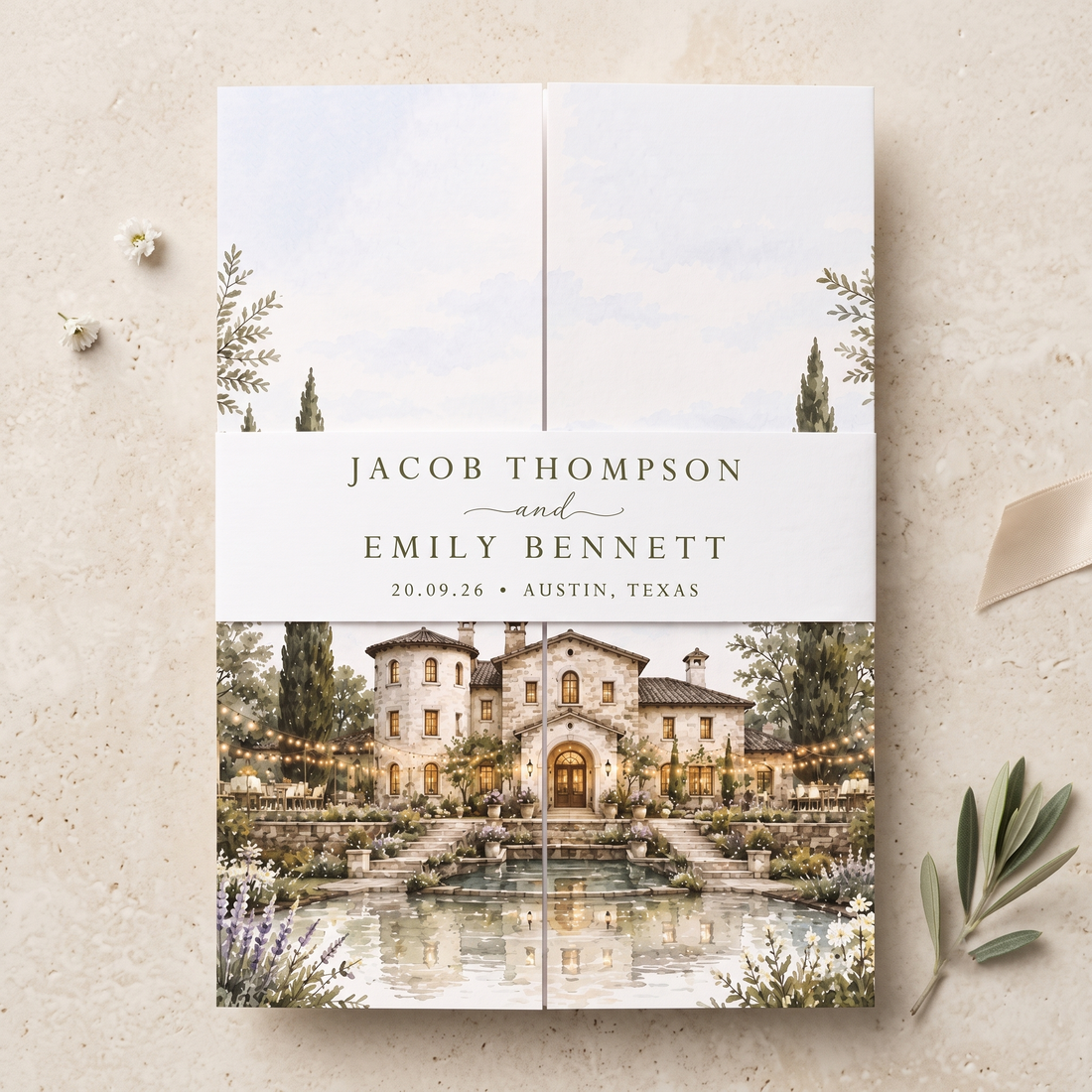 Personalized Mediterranean Wedding Invitations, Luxury Villa Wedding Invitation Suite, Watercolor Venue Illustration, Custom RSVP & Details Card