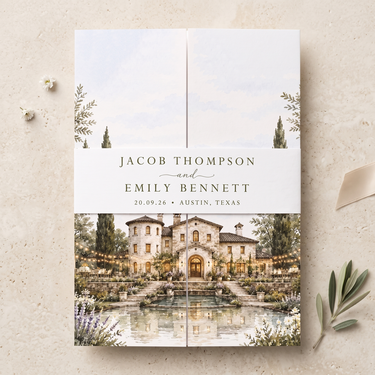Personalized Mediterranean Wedding Invitations, Luxury Villa Wedding Invitation Suite, Watercolor Venue Illustration, Custom RSVP & Details Card