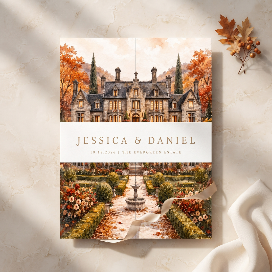 Autumn Wedding Invitation Suite, Fall Wedding Invitation, Watercolor Estate Venue, Floral Wedding Invite, Personalized Wedding Stationery