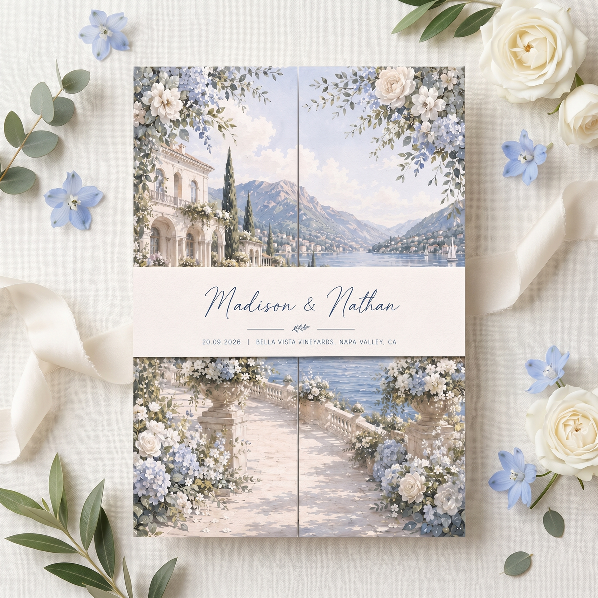 Luxury Blue Floral Wedding Invitation Suite, Personalized Destination Wedding Invitations, Custom Lake Wedding Stationery