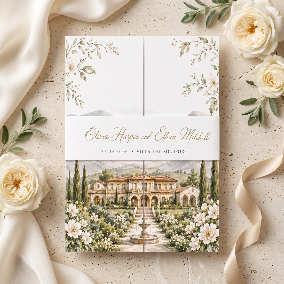 Custom Italian Villa Wedding Invitations, Watercolor Venue Illustration, Elegant Floral Wedding Invitation Suite, Luxury Personalized Stationery