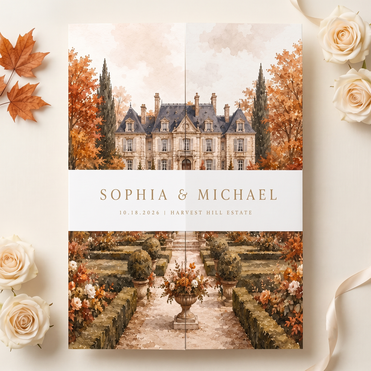 Personalized Fall Wedding Invitations, Autumn Chateau Wedding Invitation Suite, Custom Venue Illustration, RSVP QR Code, Elegant Floral Invite