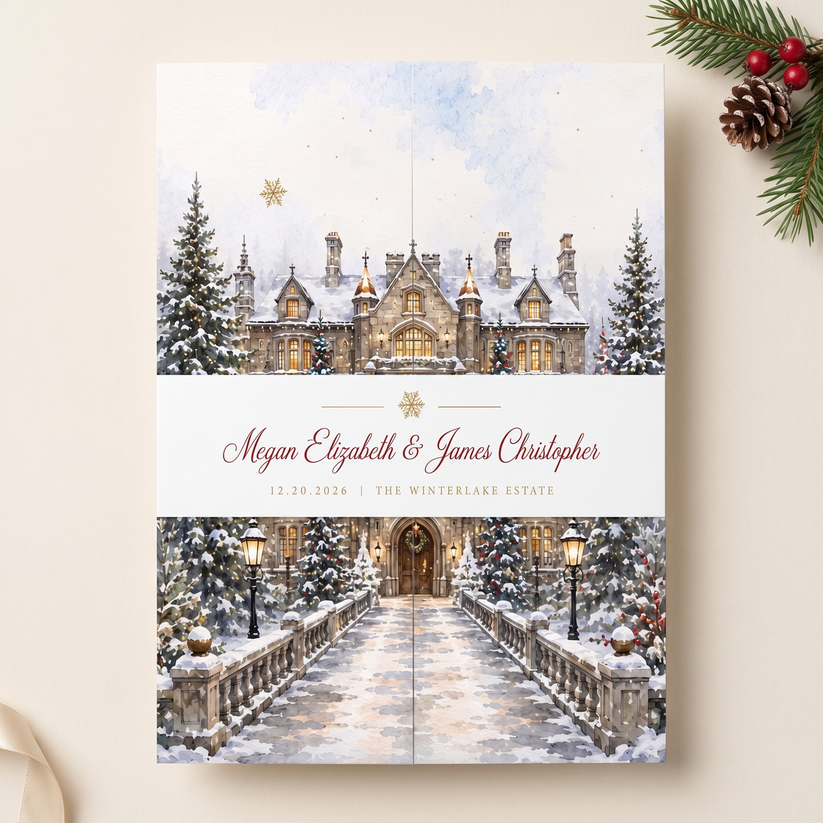Winter Wedding Invitations, Elegant Christmas Wedding Invitation Suite, Watercolor Winter Castle, Personalized Holiday Wedding Invites