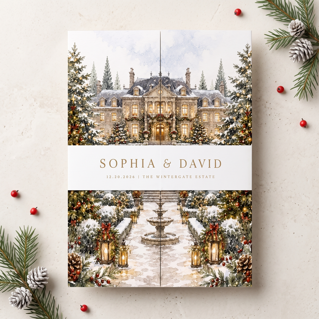 Christmas Wedding Invitations, Elegant Winter Wedding Invitation Suite, Personalized Holiday Wedding Invites, Snowy Estate Wedding Stationery