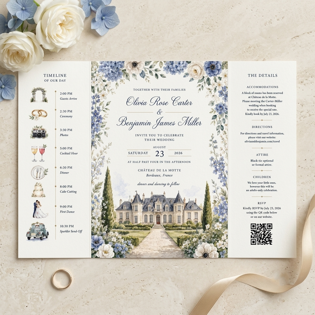 Personalized French Chateau Wedding Invitations, Blue Floral Wedding Invitation Suite, Custom Venue Illustration, RSVP QR Code