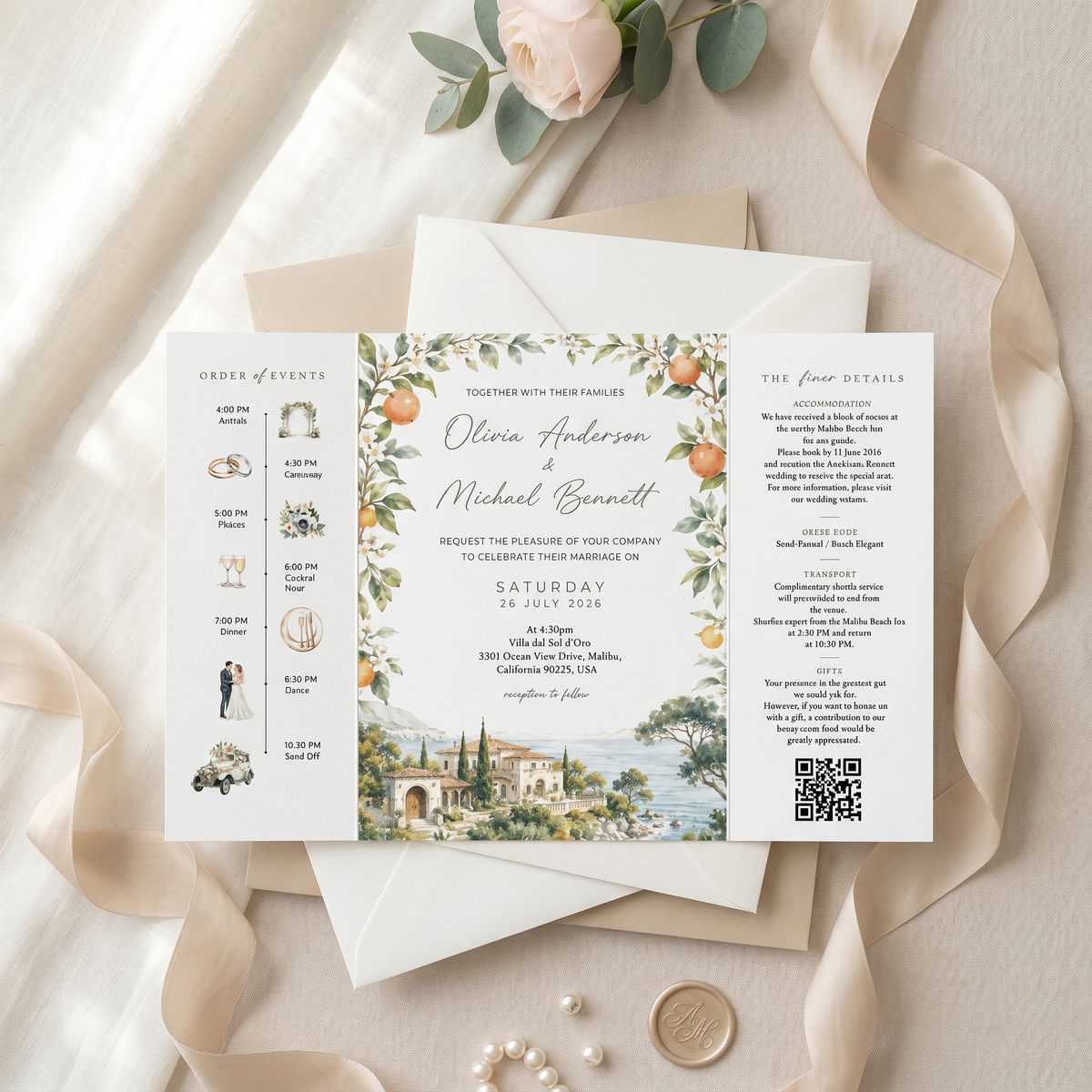 Elegant Personalized Wedding Invitation Suite | Luxury Wedding Stationery with Custom Watercolor Venue Illustration