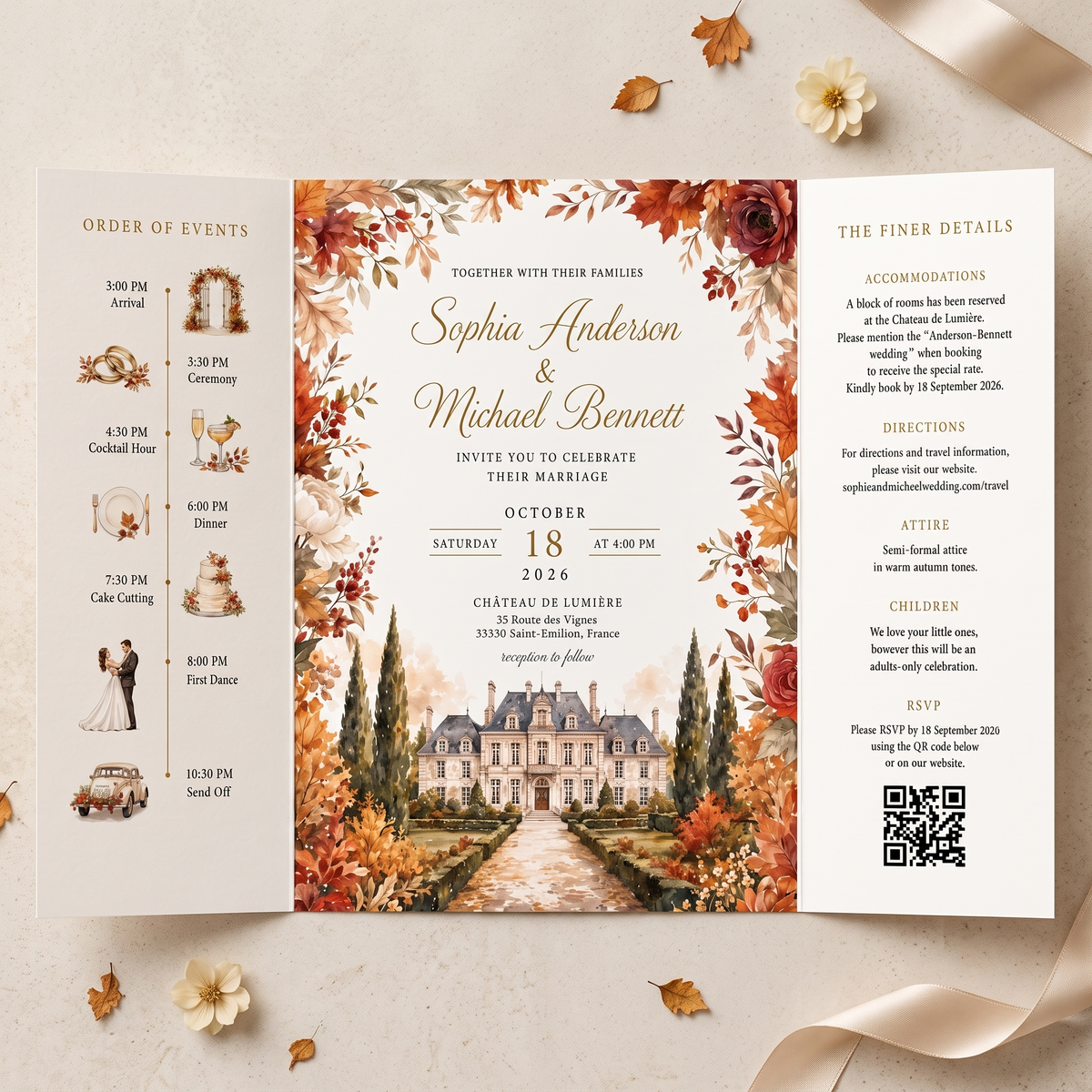 Personalized Autumn Chateau Wedding Invitations, Fall Floral Wedding Invitation Suite, Custom Venue Illustration, RSVP QR Code
