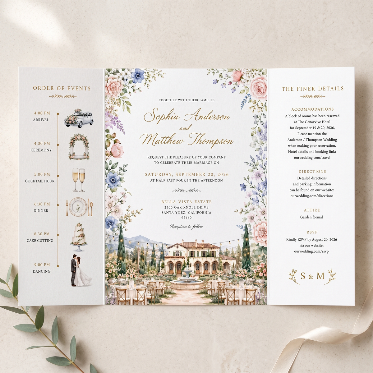 Watercolor Villa Wedding Invitations, Elegant Garden Wedding Invitation Suite, Personalized Floral Wedding Invites, Luxury Destination Wedding